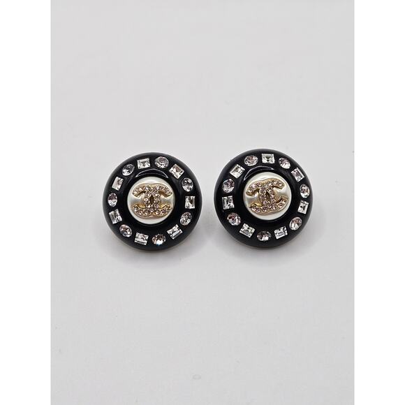 Chanel Black Resin Faux Pearl Crystal CC Stud Earrings - Picture 1 of 14